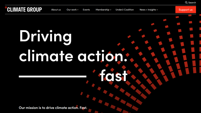 Homepage of Climate Group featuring a bold message on climate action.