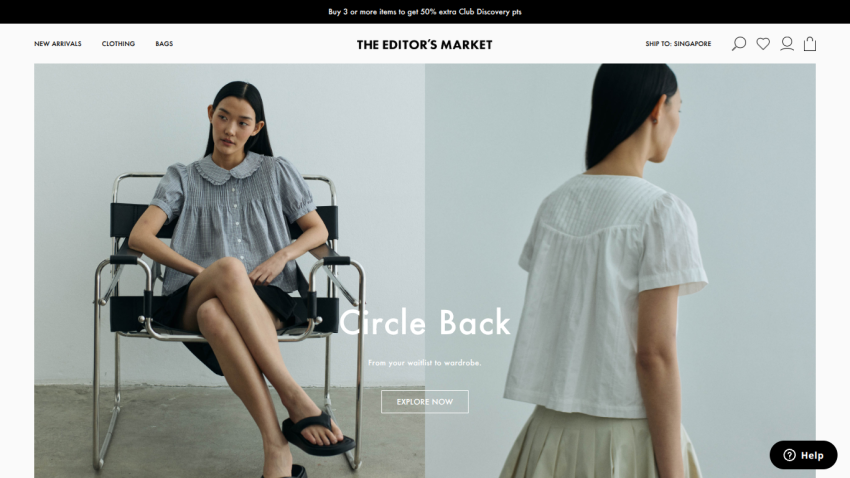 Fashion website The Editor's Market featuring two models in casual tops and skirts with text 'Circle Back' and 'Explore Now' button