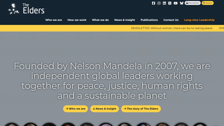 The Elders website header with navigation and hero text about global leaders for peace, justice, and human rights