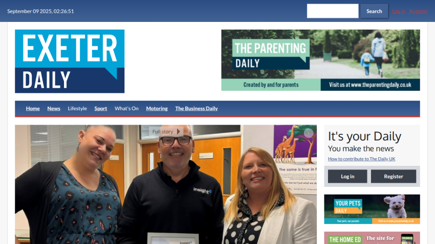 Homepage of Exeter Daily featuring news highlights and a photo of three people.