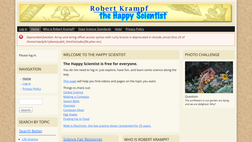 Homepage of The Happy Scientist featuring navigation links and welcome message.
