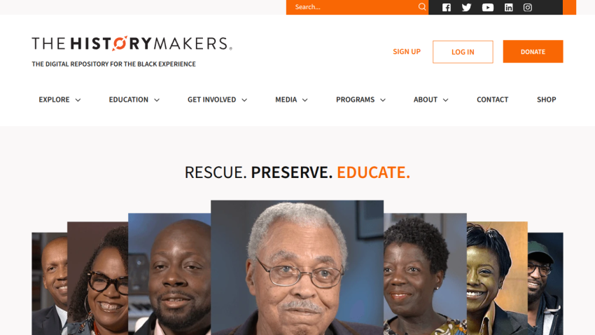 Homepage of The HistoryMakers featuring the tagline 'Rescue. Preserve. Educate.' and navigation options.