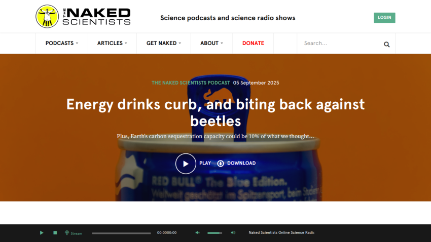 Homepage featuring a podcast episode about energy drinks and beetles.