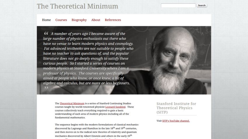 Homepage of 'The Theoretical Minimum' featuring a quote and author image.