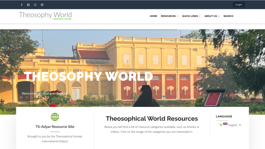 Theosophy World resource centre homepage with navigation and a large building image, offering resources for presentations