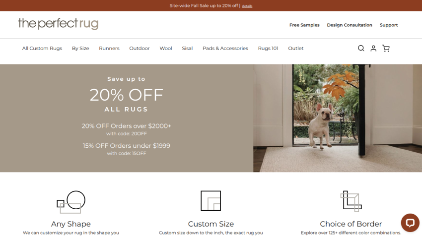 The Perfect Rug homepage offering 20% off all rugs with navigation menu and promotional banner