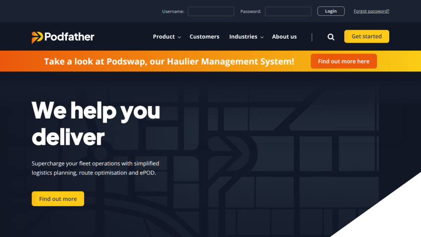 Podfather website offering fleet logistics planning and route optimisation with call to action buttons