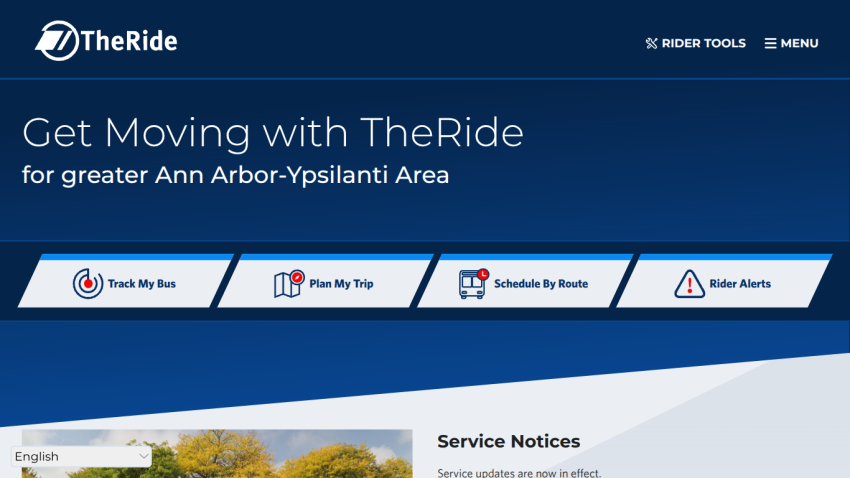 TheRide transit service homepage for Ann Arbor-Ypsilanti with options to track bus, plan trip, view schedule, and rider alerts