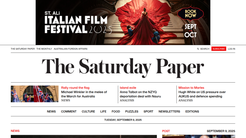 The Saturday Paper homepage featuring news articles and an Italian Film Festival banner.