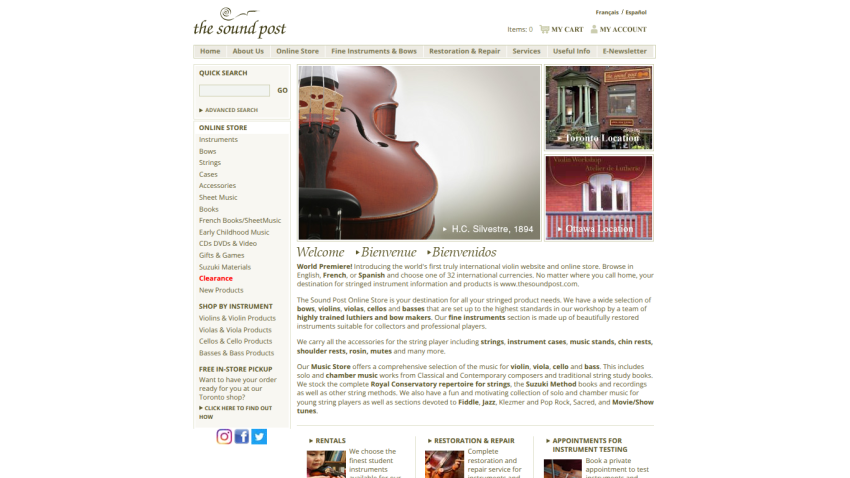 Homepage of The Sound Post featuring a violin and welcome message.