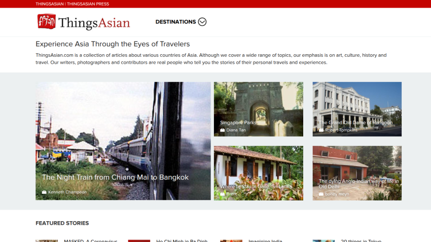 Homepage of ThingsAsian featuring travel experiences in Asia with images and a brief description.