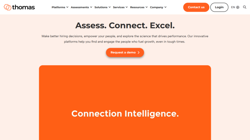Thomas homepage with headline Assess. Connect. Excel. and a call to action button Request a demo