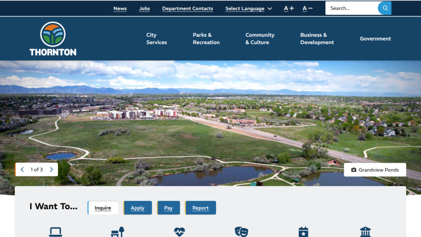 Thornton city website with navigation links, a large aerial photo of Grandview Ponds, and quick action buttons for inquiry, application, payment, and reporting.