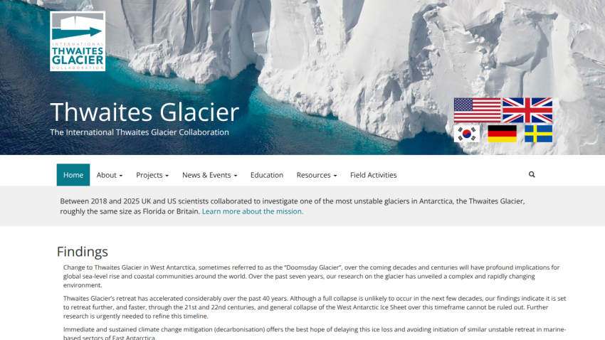 Thwaites Glacier research collaboration homepage with navigation and summary of glacier study and findings