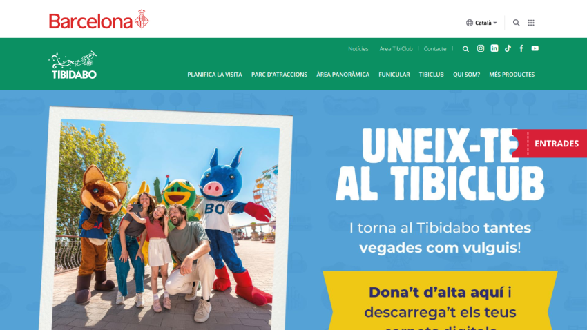 Tibidabo amusement park website inviting visitors to join Tibiclub with a family photo and navigation menu