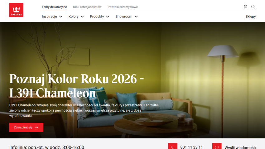 Homepage featuring the 2026 color of the year L391 Chameleon with a cozy living room scene and navigation menu