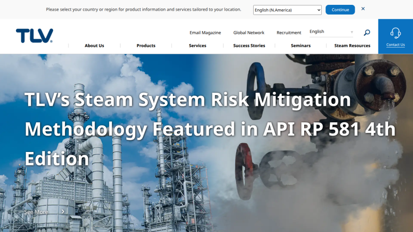 TLV website homepage with headline about Steam System Risk Mitigation Methodology featured in API RP 581 4th Edition