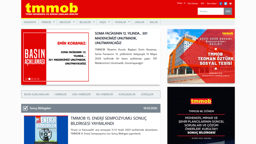 Homepage of TMMOB featuring news and events with a prominent red banner.