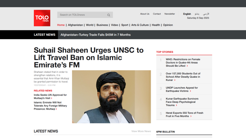 News article about Suhail Shaheen urging UNSC to lift travel ban on Islamic Emirate's FM.