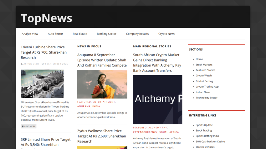 News articles and sections displayed on TopNews website homepage.