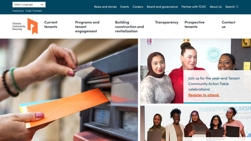 Toronto Community Housing website with navigation links and announcements about tenant community events and diversity scholarships