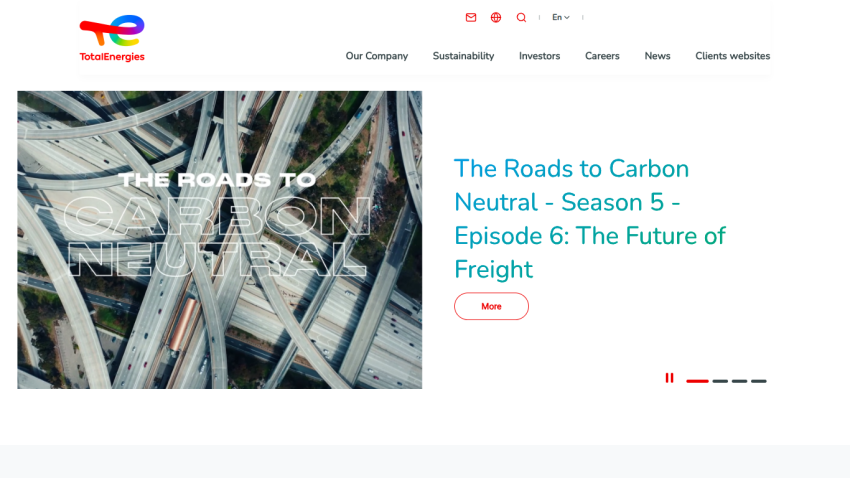 Homepage featuring 'The Roads to Carbon Neutral' with episode details and a call-to-action button.