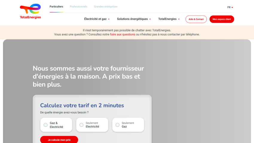 Energy provider homepage offering a quick 2-minute tariff calculation with options for electricity and gas.