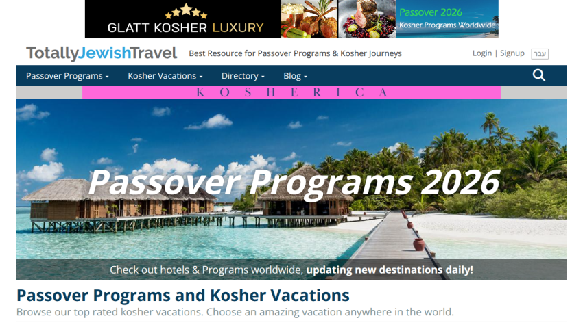 Website offering Passover Programs 2026 with kosher vacations and worldwide hotel listings