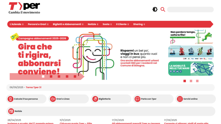Tper public transport site promoting 2025-2026 subscription campaign with navigation menu and service options.