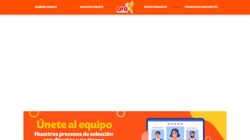 Website header with navigation and smiling employee inviting to join the team with selection process info