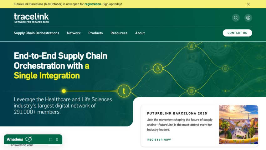 End-to-end supply chain orchestration with a single integration highlighted on the website.