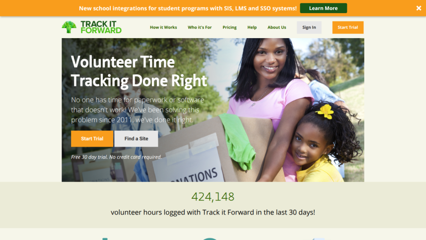 Track It Forward volunteer time tracking software with call to action buttons and volunteer hours logged