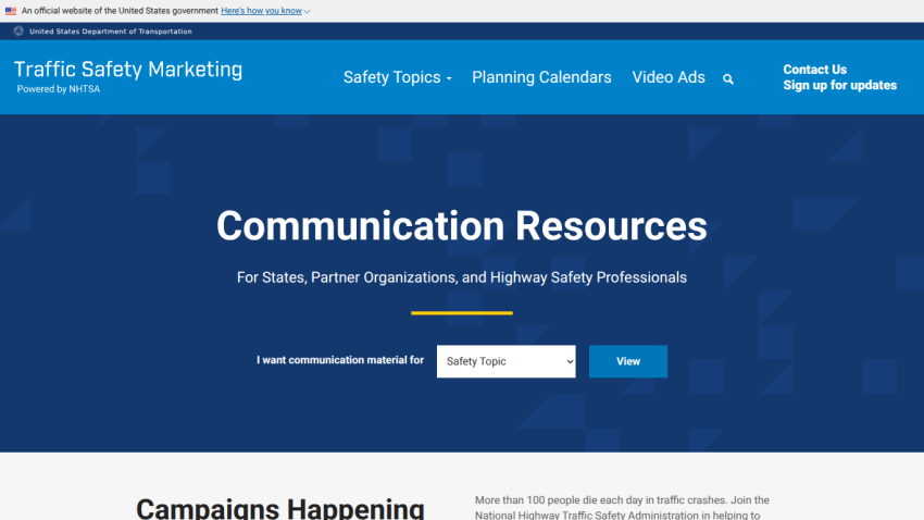 Traffic Safety Marketing site with communication resources for highway safety professionals and a topic selection dropdown
