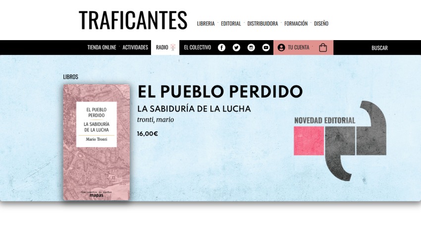 Homepage of Traficantes featuring the book 'Contrarrevolución' with description and price.