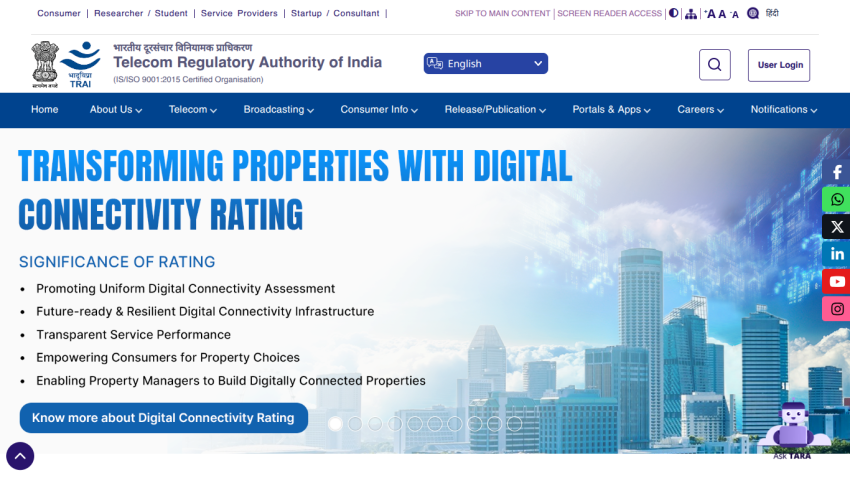 Website header for Telecom Regulatory Authority of India promoting digital connectivity rating.