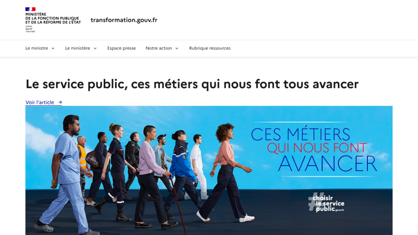 French public service website hero section promoting careers that help society advance with a group of people walking forward