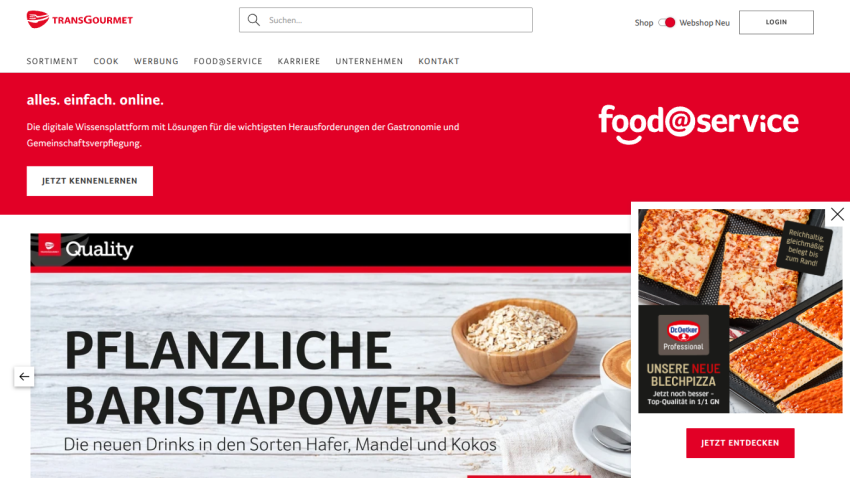 Food service website homepage featuring plant-based barista powders with oat, almond, and coconut varieties