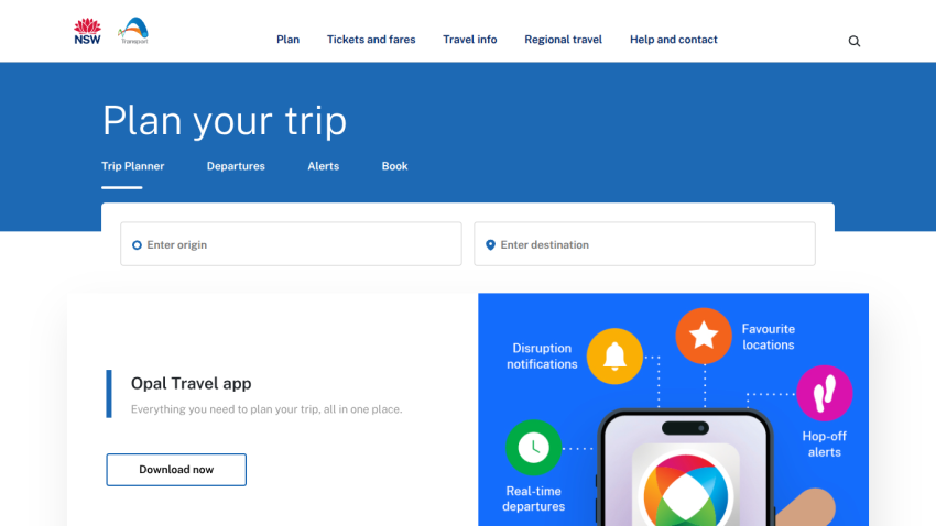 Trip planning interface with search fields and app download option.