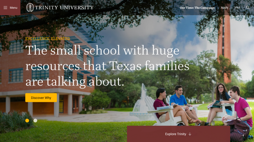 Trinity University homepage featuring students outdoors with a fountain and text about resources.