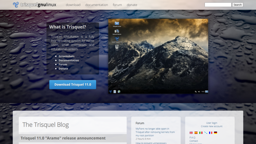 Homepage of Trisquel GNU/Linux featuring a mountain landscape and download button.