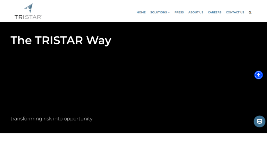 TRISTAR website hero section with headline 'The TRISTAR Way' and subtext 'transforming risk into opportunity'