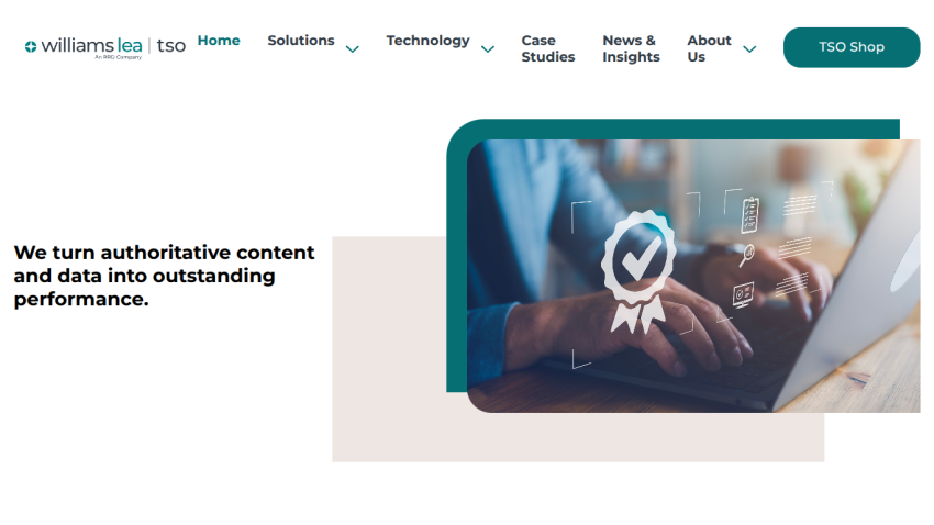 Williams Lea TSO website with navigation menu and headline about turning authoritative content and data into outstanding performance