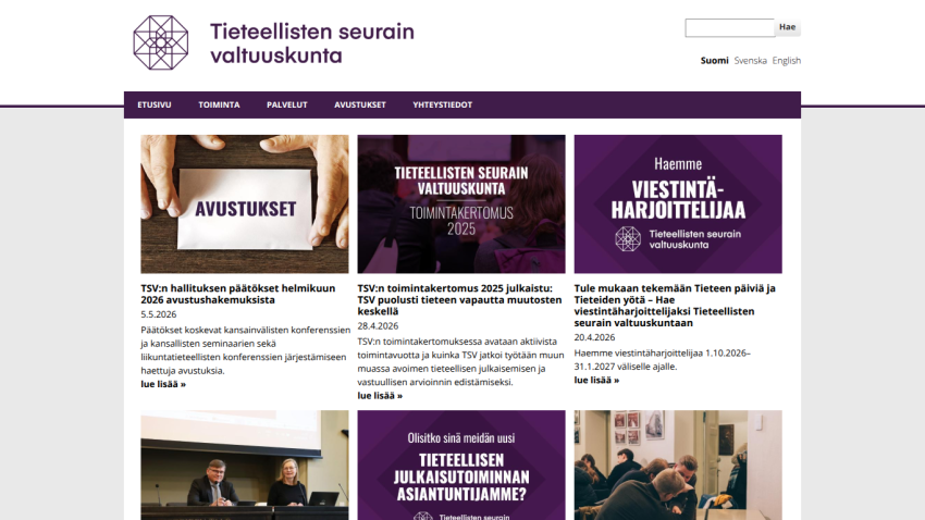 Homepage of a scientific association featuring news and events in Finnish.