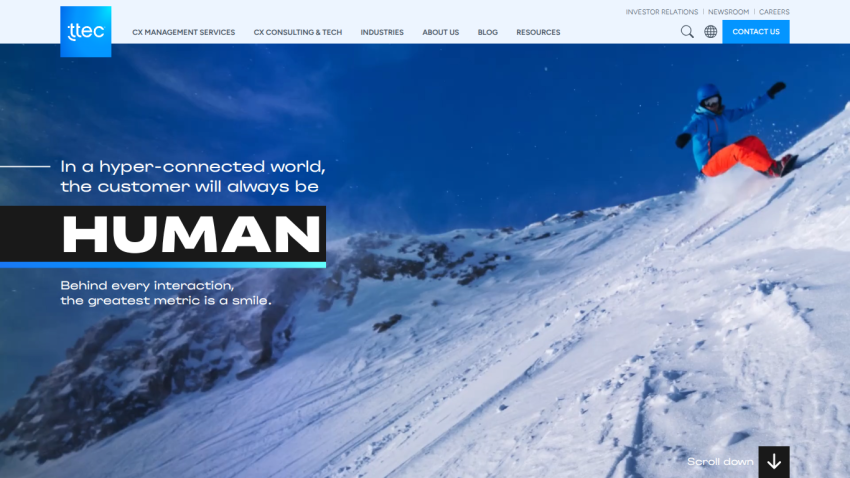 Website showcasing a skier with the text 'In a hyper-connected world, the customer will always be HUMAN.'