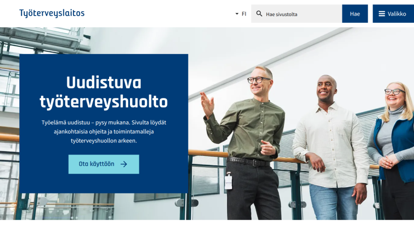 Website header with navigation and a hero section featuring three smiling professionals and a call-to-action button about evolving occupational health services.