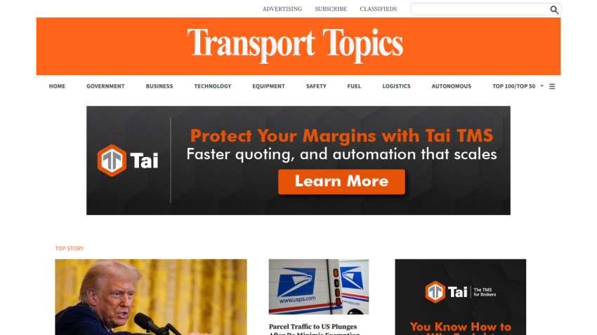 Transport Topics website featuring a promotional banner for Tai TMS services.