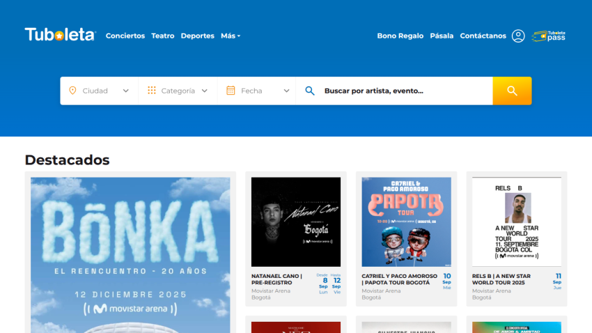Homepage of Tuboleto with featured events and a search bar.