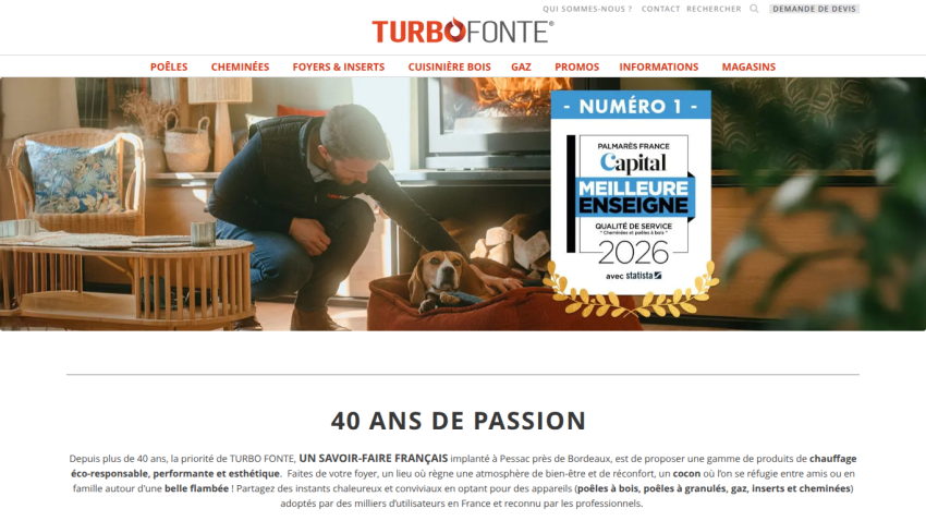 Homepage of TurboFonte showcasing a man with a dog and a 2026 award badge.