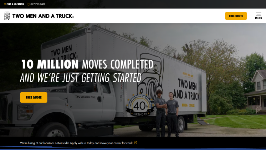 Homepage of Two Men and a Truck showcasing their services and a moving truck.