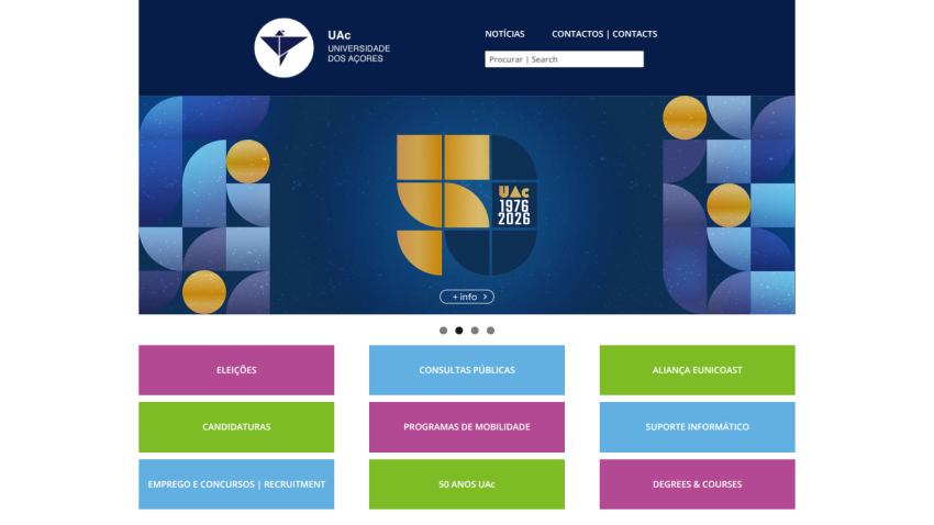 Homepage featuring a logo, a central graphic, and navigation buttons for various sections.